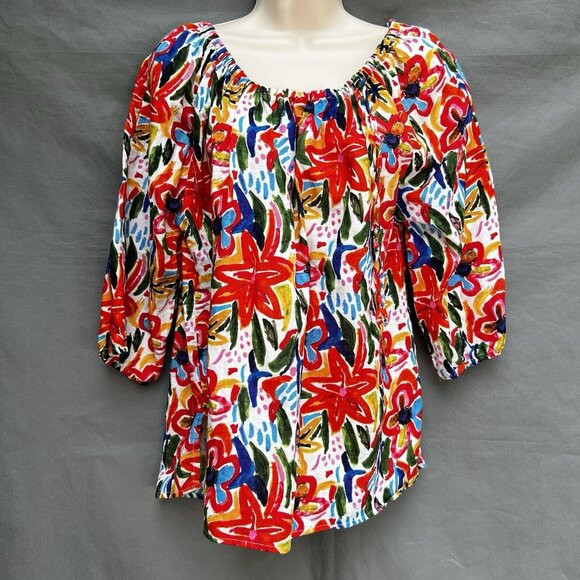Linen Blend By Heater Orchard Multicolored Off The Shoulder Top Shirt Sz L - Picture 5 of 7